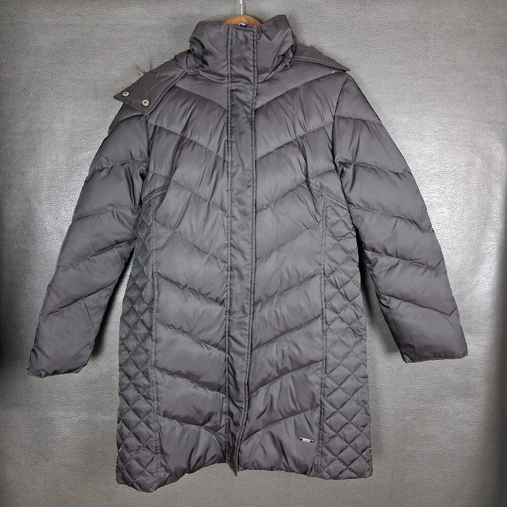 Kenneth Cole Coat Women Large Down Puffer Long Quilted Fur Trim Hood Dark Pewter